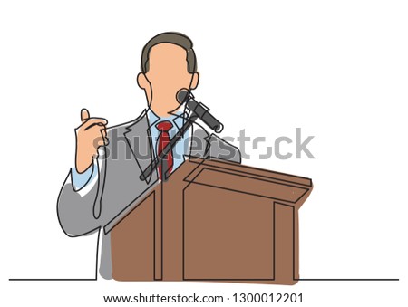 continuous line drawing of business coach talking before audience