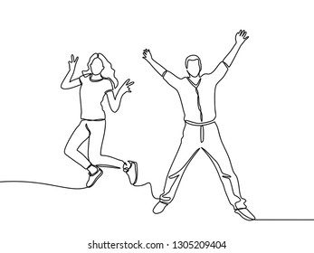 Continuous line drawing business concept sketch of happy jumping couple. Vector