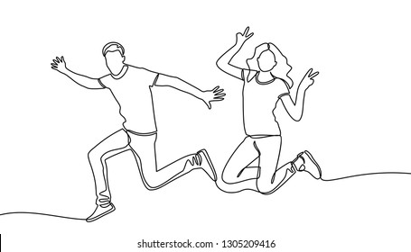 Continuous line drawing business concept sketch of happy jumping couple. Vector