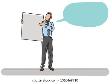 continuous line drawing of business concept - businessman showing at blank board