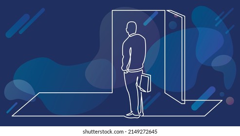 continuous line drawing of business concept - man before open door of opportunity