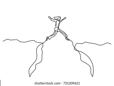 continuous line drawing business concept    woman jumping over canyon