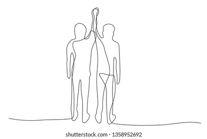 Continuous line drawing of business coworker or colleague put their hands up, Teamwork Concept.