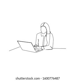 continuous line drawing of business girl with laptop. vector illustration