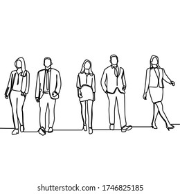 Continuous line drawing of business groups walking forward. Group of business men and women walking forward. Business team and teamwork concept isolated on white background.