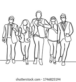 Continuous line drawing of business groups walking forward. Group of business men and women walking forward. Business team and teamwork concept isolated on white background.