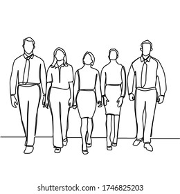 Continuous line drawing of business groups walking forward. Group of business men and women walking forward. Business team and teamwork concept isolated on white background.