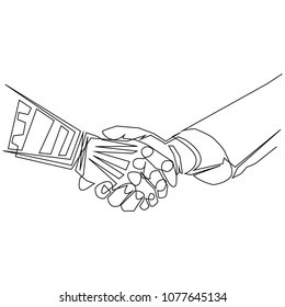 continuous line drawing of a business handshake with the robot vector illustration.