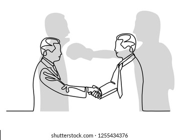 continuous line drawing of a business handshake. in expressions of friendship, business relations