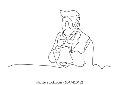 continuous line drawing of business man working on mobile Modern technology concept illustrated vector
