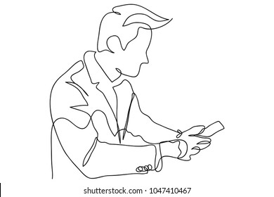 continuous line drawing of business man working on mobile Modern technology concept illustrated vector
