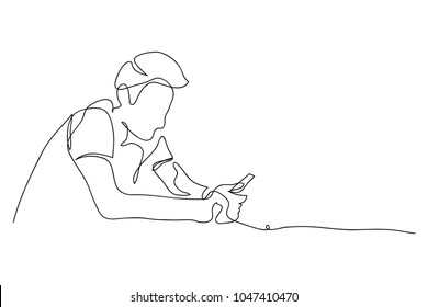 continuous line drawing of business man working on mobile Modern technology concept illustrated vector