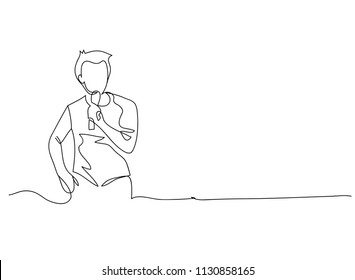 continuous line drawing of Business man holding conferences, seminars, singing microphone, vector illustration.