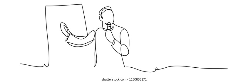 continuous line drawing of Business man holding conferences, seminars, singing microphone, vector illustration.