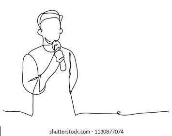 continuous line drawing of Business man holding conferences, seminars, singing microphone, vector illustration.