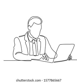 Continuous Line Drawing Of Business Man With Laptop Vector Illustration