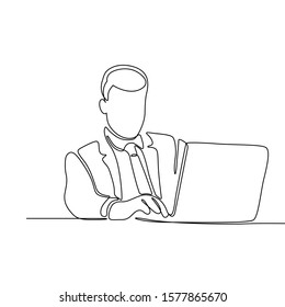 Continuous Line Drawing Of Business Man With Laptop Vector Illustration