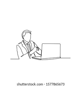 Continuous Line Drawing Of Business Man With Laptop Vector Illustration