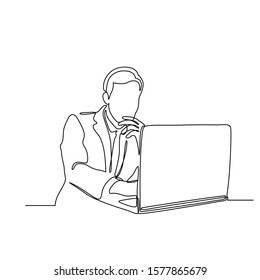 Continuous Line Drawing Of Business Man With Laptop Vector Illustration