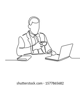 Continuous Line Drawing Of Business Man With Laptop Vector Illustration