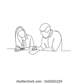 continuous line drawing of business man and business woman discussion at the table vector illustration