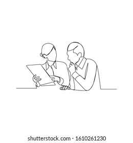continuous line drawing of business man and business woman discussion at the table vector illustration