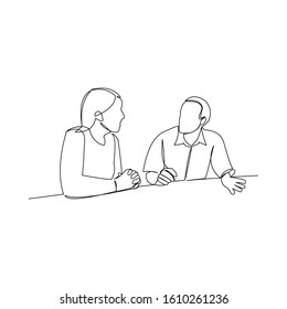 continuous line drawing of business man and business woman discussion at the table vector illustration