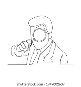 Continuous line drawing of business man hold magnifying glass to analyze work. Vector illustration