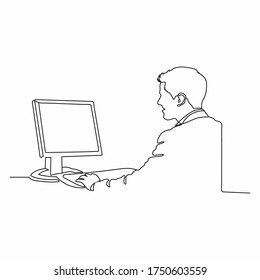 El continuo dibujo de línea de un hombre de negocios se sienta en la oficina y piensa mientras trabaja con su laptop en un fondo blanco. Empresario mirando el monitor de ordenador durante la jornada laboral en la oficina