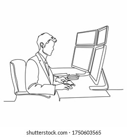 Continuous line drawing of business man sits in the office and thinks while working with his laptop on a white background.. Business man looking at computer monitor during working day in office