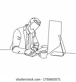 El continuo dibujo de línea de un hombre de negocios se sienta en la oficina y piensa mientras trabaja con su laptop en un fondo blanco. Empresario mirando el monitor de ordenador durante la jornada laboral en la oficina
