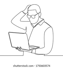 Continuous line drawing of business man sits in the office and thinks while working with his laptop on a white background.. Business man looking at computer monitor during working day in office
