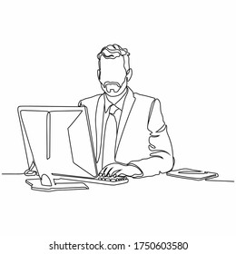 El continuo dibujo de línea de un hombre de negocios se sienta en la oficina y piensa mientras trabaja con su laptop en un fondo blanco. Empresario mirando el monitor de ordenador durante la jornada laboral en la oficina