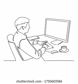 Continuous line drawing of business man sits in the office and thinks while working with his laptop on a white background.. Business man looking at computer monitor during working day in office