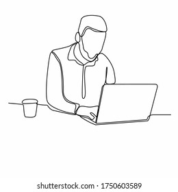 Continuous line drawing of business man sits in the office and thinks while working with his laptop on a white background.. Business man looking at computer monitor during working day in office