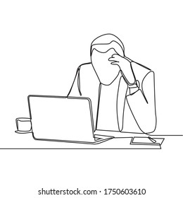 Continuous line drawing of business man sits in the office and thinks while working with his laptop on a white background.. Business man looking at computer monitor during working day in office