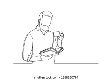 continuous line drawing of business man reading book and drinking cup of coffee. Single one line art of worker lifestyle. Vector illustration