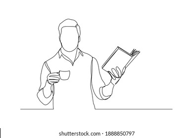 continuous line drawing of business man reading book and drinking cup of coffee. Single one line art of worker lifestyle. Vector illustration