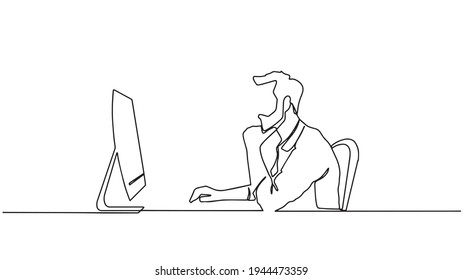 Continuous line drawing of business man sits in the office and thinks while working with his laptop on a white background.. Business man looking at computer monitor during working day in office.