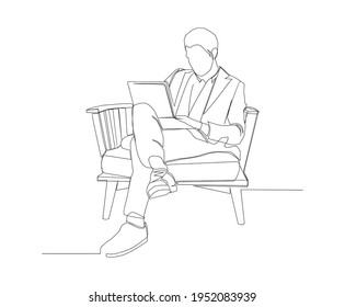 Continuous line drawing of business man sitting witht a laptop.