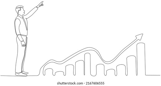 
Continuous line drawing of business man looking for investment opportunity standing on growth chart.