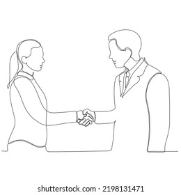 
continuous line drawing business man and woman shaking hands vector illustration