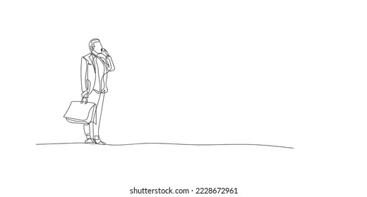 continuous line or line drawing of business man standing and calling client