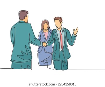 Continuous line drawing of business man handshake his colleague to deal a project. Business meeting concept. Single line drawing, design vector illustration