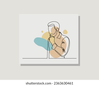 Continuous line drawing of business man boss male standing looking away against. Single one line drawing of standing man thinking. Vector illustration