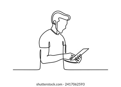 continuous line drawing of business man standing using digital tablet