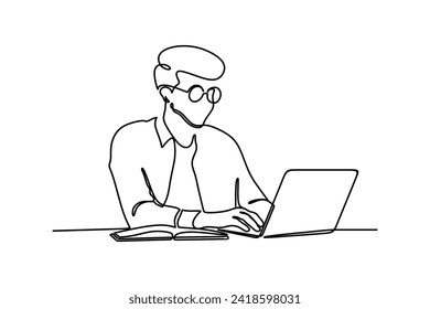 Kontinuierliche Zeichnung von Geschäftsleuten, die auf Laptop arbeiten. Ein gutes Konzept für junge Geschäftsleute. einzeilige Zeichnung. Doodle-Vektorgrafik