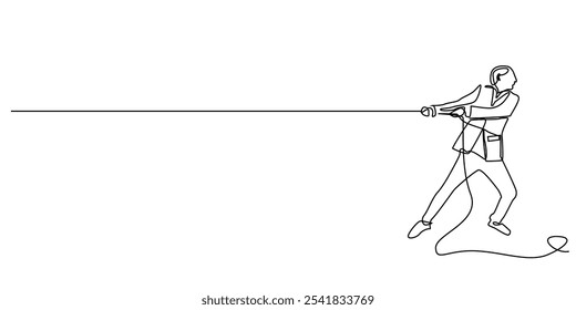 desenho de linha contínua de homem de negócios puxando corda.um desenho de linha de trabalhador de marketing desafio atraindo customers.single linha ilustração vetor.isolado fundo branco