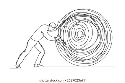 continuous line drawing of business man push stone rock obstacle sketch editable stroke vector illustration
