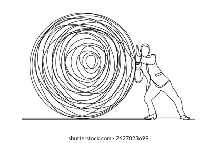 continuous line drawing of business man push stone rock obstacle sketch editable stroke vector illustration